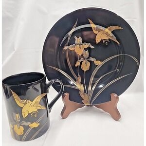 Vintage‎ Fitz and Floyd Mug and Plate set "Oiseau Dore" Black/Gold Iris & Bird
